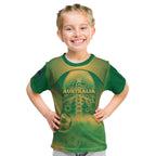 Custom Australia Soccer Kid T Shirt Skeleton Gradient Vintage Spray