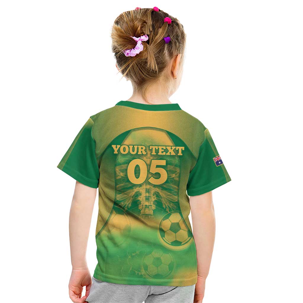 Custom Australia Soccer Kid T Shirt Skeleton Gradient Vintage Spray