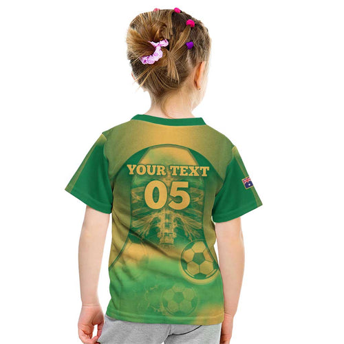 Custom Australia Soccer Kid T Shirt Skeleton Gradient Vintage Spray