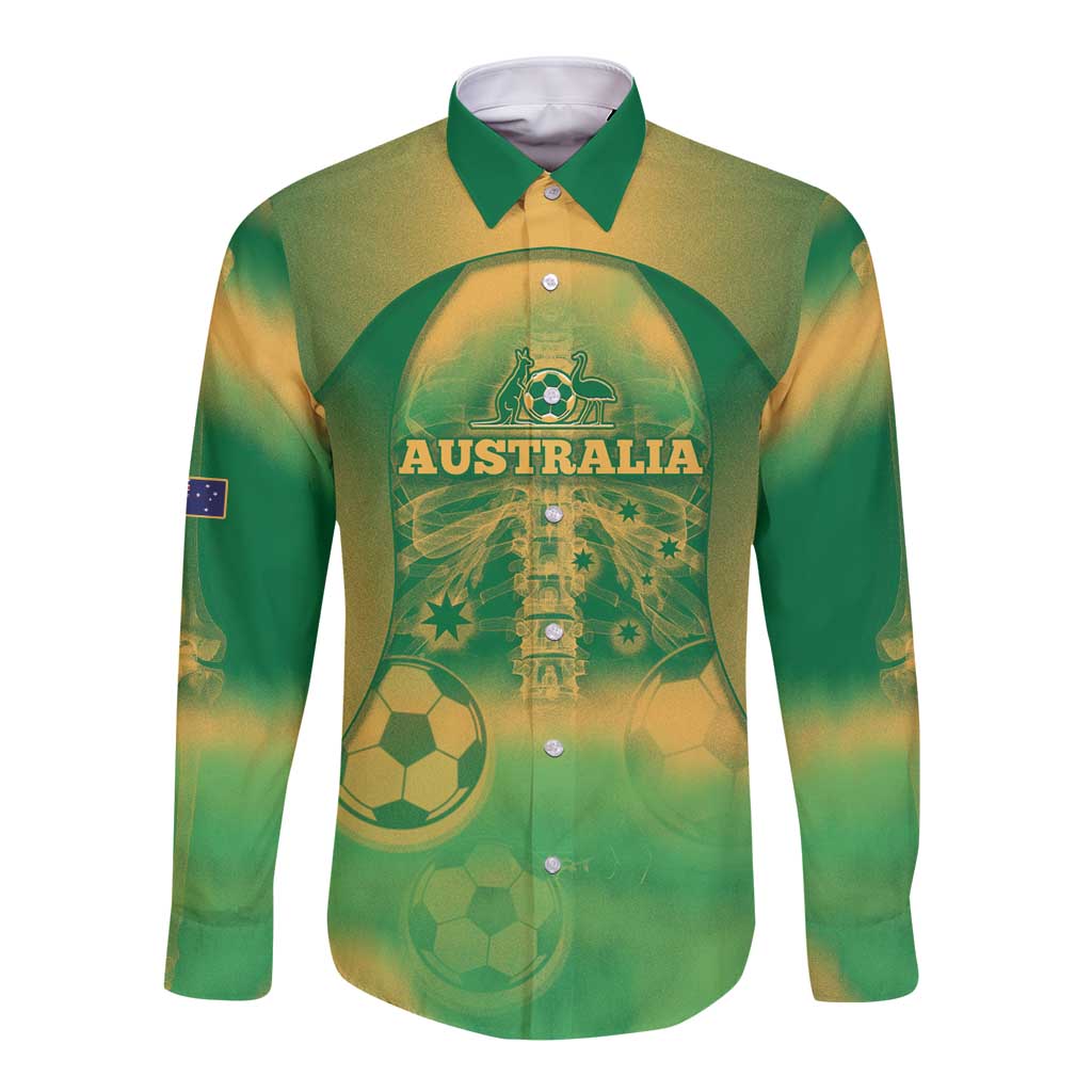 Custom Australia Soccer Long Sleeve Button Shirt Skeleton Gradient Vintage Spray