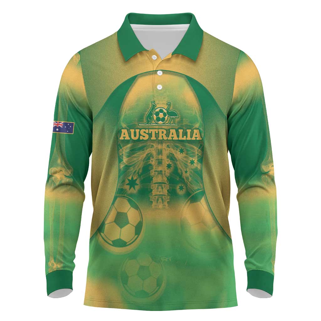 Custom Australia Soccer Long Sleeve Polo Shirt Skeleton Gradient Vintage Spray