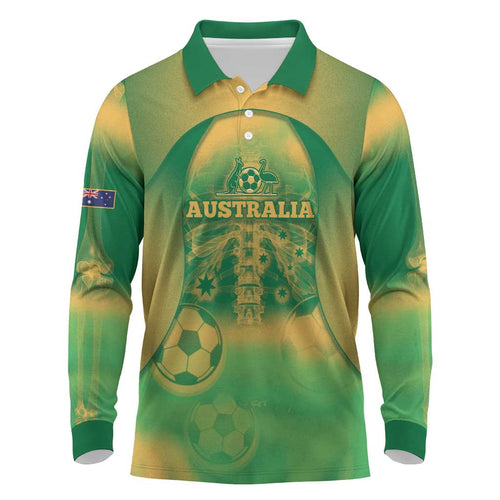 Custom Australia Soccer Long Sleeve Polo Shirt Skeleton Gradient Vintage Spray