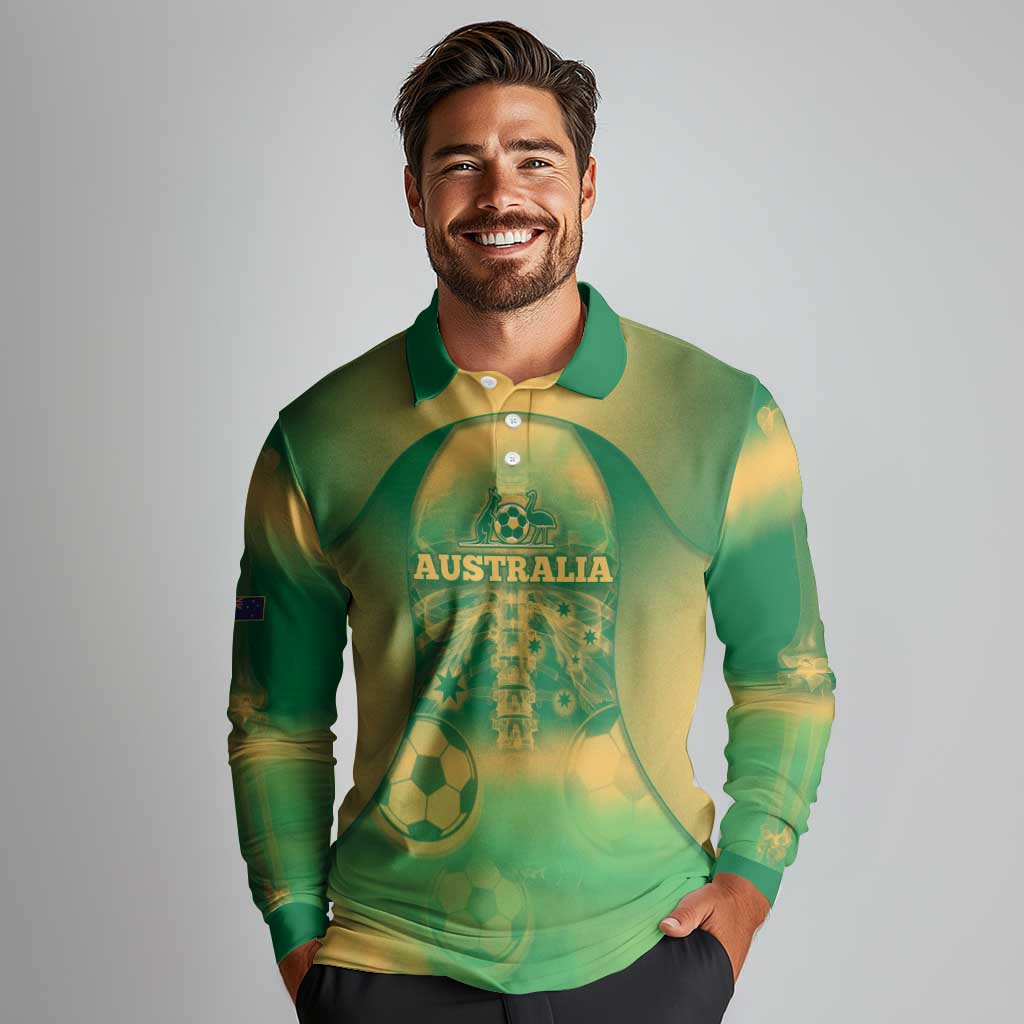Custom Australia Soccer Long Sleeve Polo Shirt Skeleton Gradient Vintage Spray