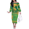 Custom Australia Soccer Off The Shoulder Long Sleeve Dress Skeleton Gradient Vintage Spray