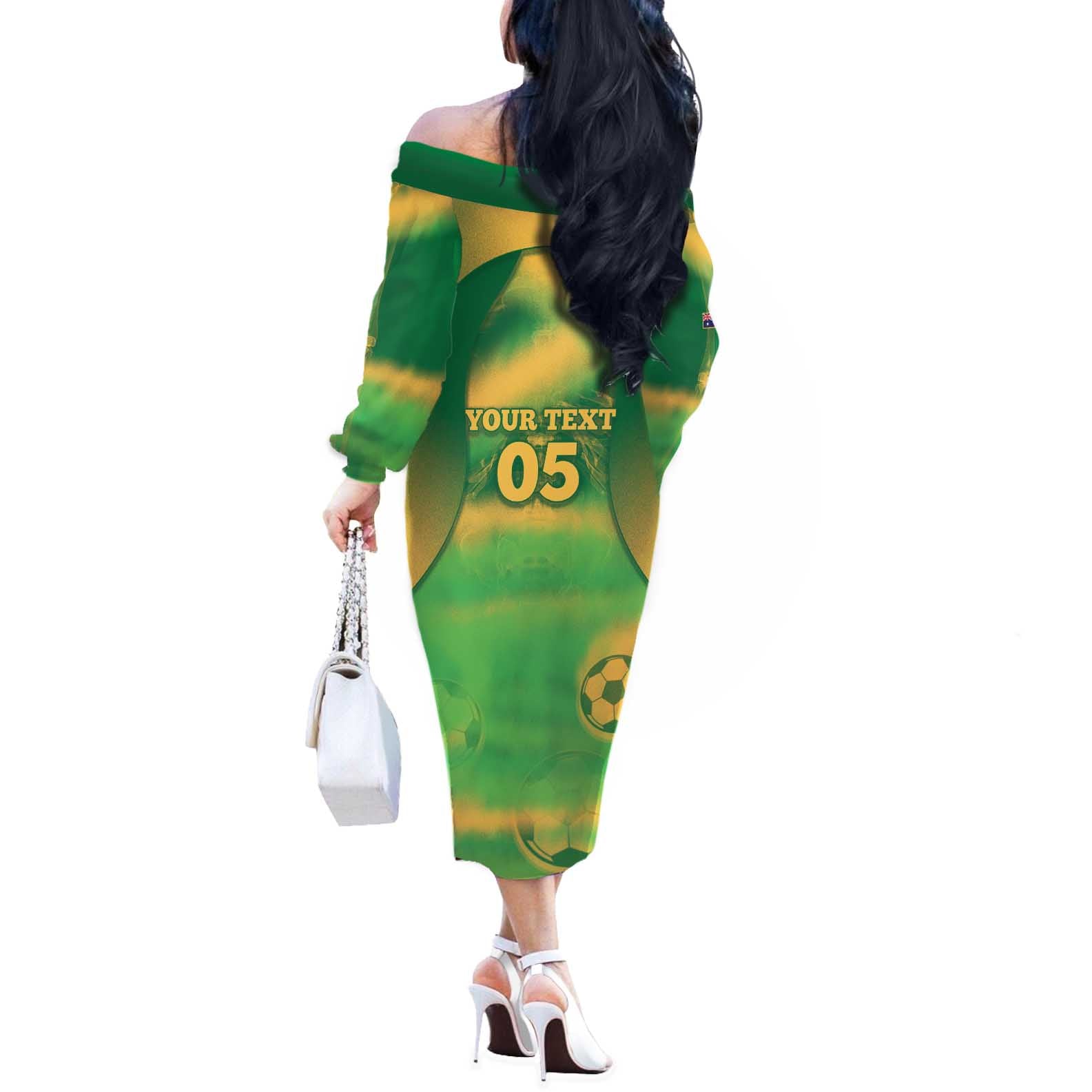 Custom Australia Soccer Off The Shoulder Long Sleeve Dress Skeleton Gradient Vintage Spray