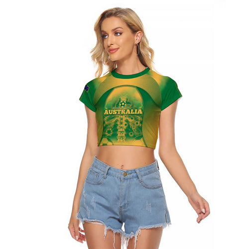 Custom Australia Soccer Raglan Cropped T Shirt Skeleton Gradient Vintage Spray