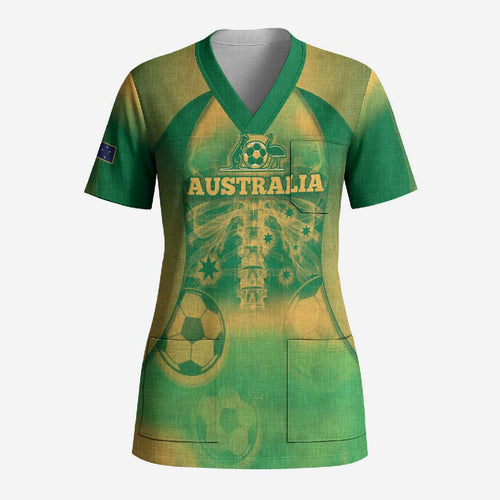 Custom Australia Soccer Scrub Top Skeleton Gradient Vintage Spray