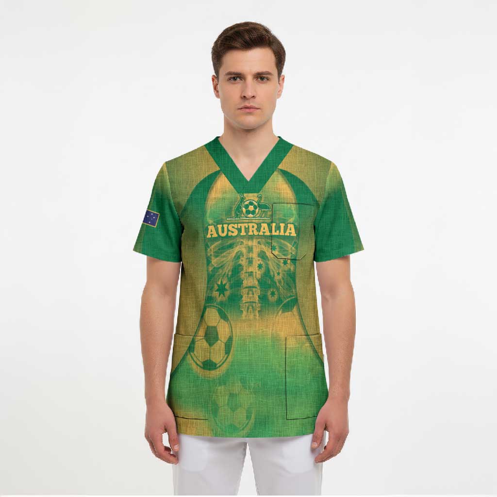 Custom Australia Soccer Scrub Top Skeleton Gradient Vintage Spray
