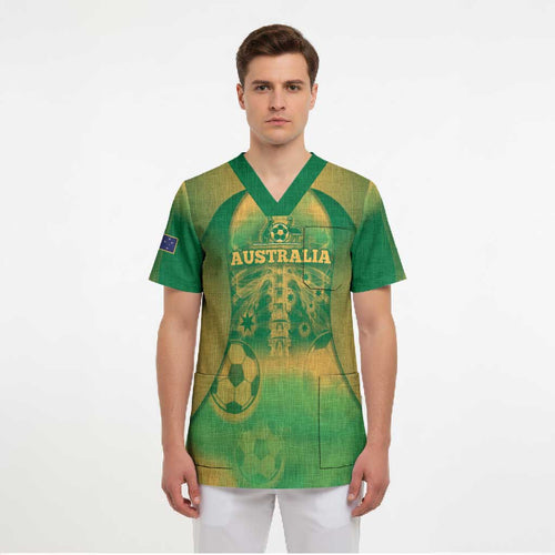 Custom Australia Soccer Scrub Top Skeleton Gradient Vintage Spray