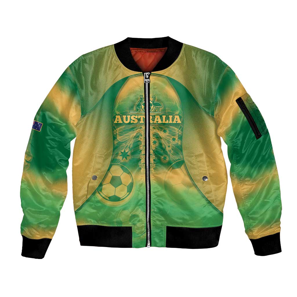 Custom Australia Soccer Sleeve Zip Bomber Jacket Skeleton Gradient Vintage Spray