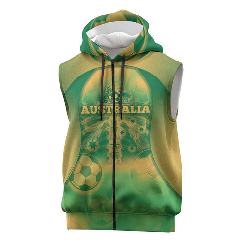 Custom Australia Soccer Sleeveless Zip Hoodie Skeleton Gradient Vintage Spray