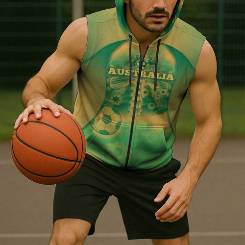 Custom Australia Soccer Sleeveless Zip Hoodie Skeleton Gradient Vintage Spray
