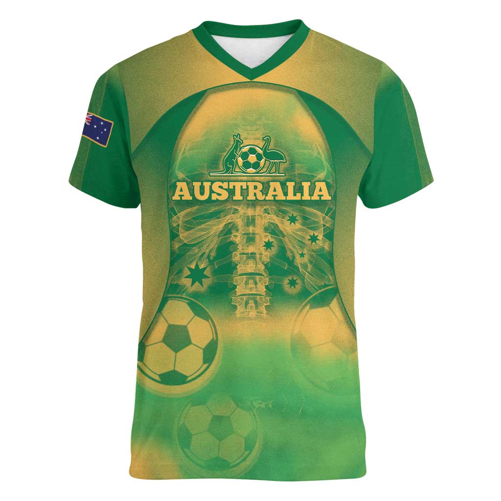 Custom Australia Soccer Women V-Neck T-Shirt Skeleton Gradient Vintage Spray