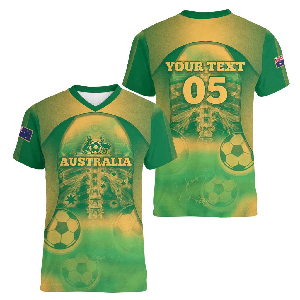 Custom Australia Soccer Women V-Neck T-Shirt Skeleton Gradient Vintage Spray