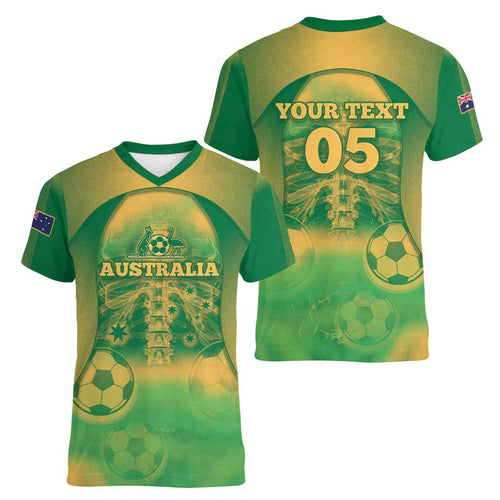 Custom Australia Soccer Women V-Neck T-Shirt Skeleton Gradient Vintage Spray