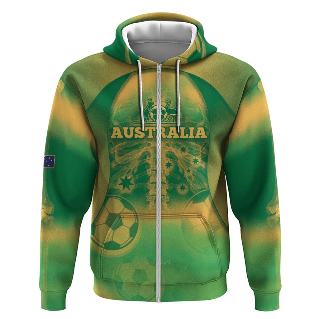 Custom Australia Soccer Zip Hoodie Skeleton Gradient Vintage Spray
