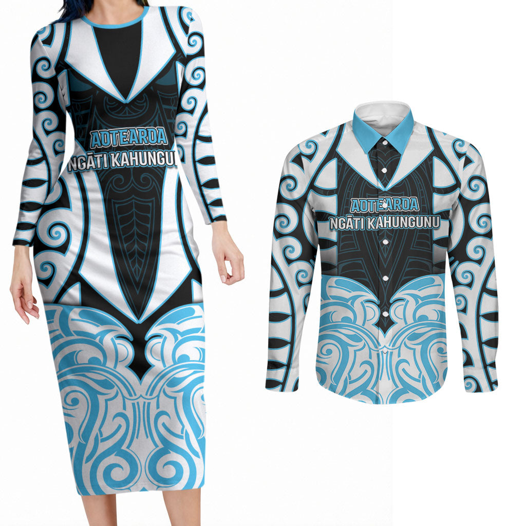 Custom Aotearoa Ngati Kahungunu Couples Matching Long Sleeve Bodycon Dress and Long Sleeve Button Shirt New Zealand Traditional Maori Pattern