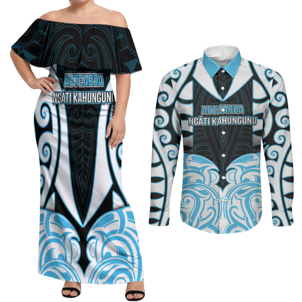 Custom Aotearoa Ngati Kahungunu Couples Matching Off Shoulder Maxi Dress and Long Sleeve Button Shirt New Zealand Traditional Maori Pattern