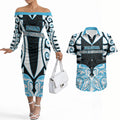 Custom Aotearoa Ngati Kahungunu Couples Matching Off The Shoulder Long Sleeve Dress and Hawaiian Shirt New Zealand Traditional Maori Pattern