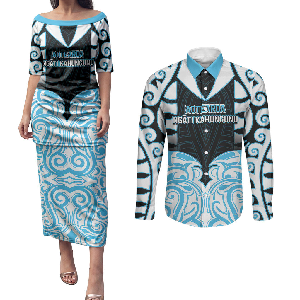 Custom Aotearoa Ngati Kahungunu Couples Matching Puletasi and Long Sleeve Button Shirt New Zealand Traditional Maori Pattern