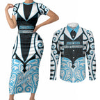 Custom Aotearoa Ngati Kahungunu Couples Matching Short Sleeve Bodycon Dress and Long Sleeve Button Shirt New Zealand Traditional Maori Pattern