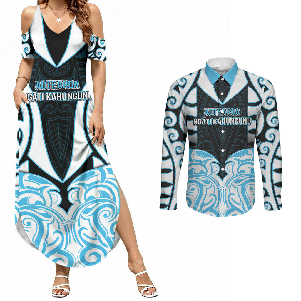 Custom Aotearoa Ngati Kahungunu Couples Matching Summer Maxi Dress and Long Sleeve Button Shirt New Zealand Traditional Maori Pattern