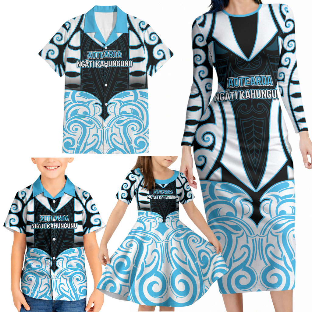 Custom Aotearoa Ngati Kahungunu Family Matching Long Sleeve Bodycon Dress and Hawaiian Shirt New Zealand Traditional Maori Pattern