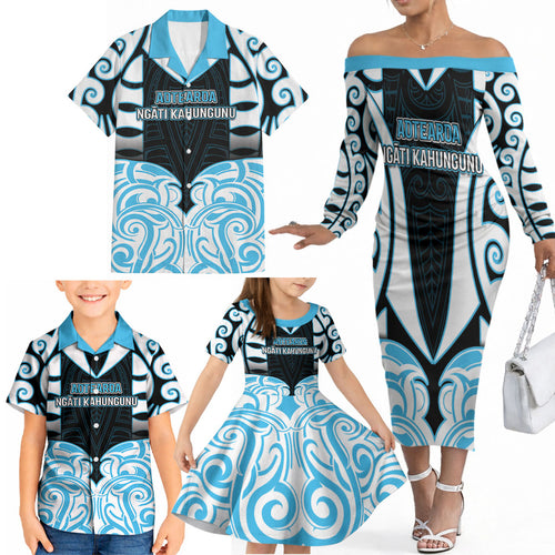 Custom Aotearoa Ngati Kahungunu Family Matching Off The Shoulder Long Sleeve Dress and Hawaiian Shirt New Zealand Traditional Maori Pattern