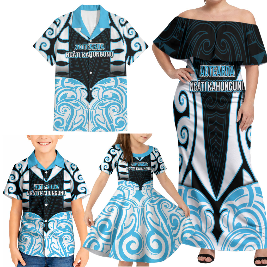 Custom Aotearoa Ngati Kahungunu Family Matching Off Shoulder Maxi Dress and Hawaiian Shirt New Zealand Traditional Maori Pattern