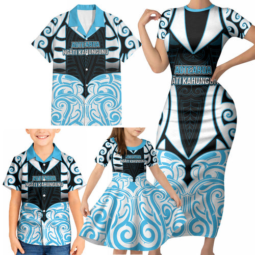 Custom Aotearoa Ngati Kahungunu Family Matching Short Sleeve Bodycon Dress and Hawaiian Shirt New Zealand Traditional Maori Pattern