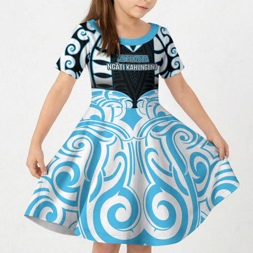 Custom Aotearoa Ngati Kahungunu Kid Short Sleeve Dress New Zealand Traditional Maori Pattern