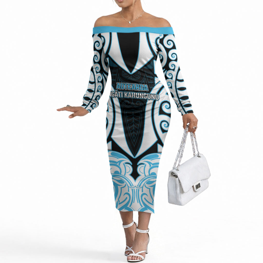 Custom Aotearoa Ngati Kahungunu Off The Shoulder Long Sleeve Dress New Zealand Traditional Maori Pattern