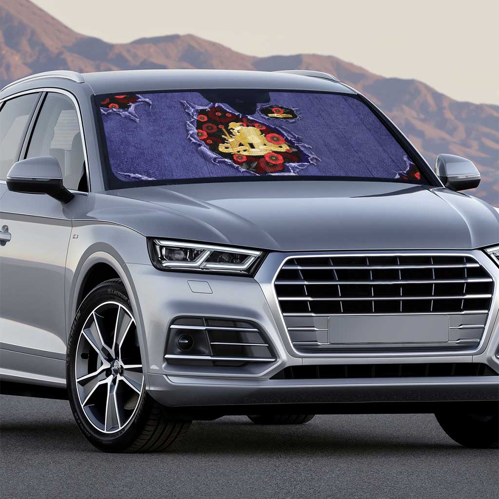 ANZAC Day Auto Sun Shade Poppy Flowers Ripped Fabric Effect