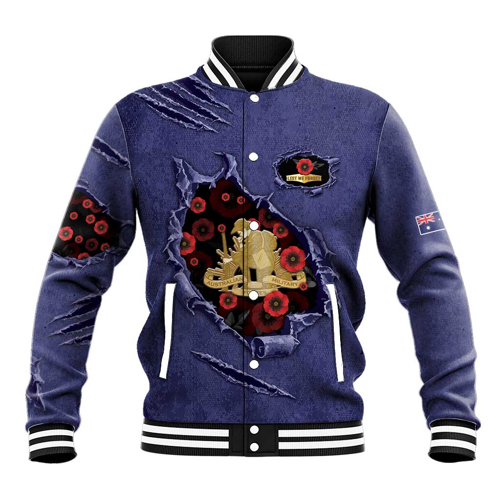 Personalised ANZAC Day Baseball Jacket Poppy Flowers Ripped Fabric Effect