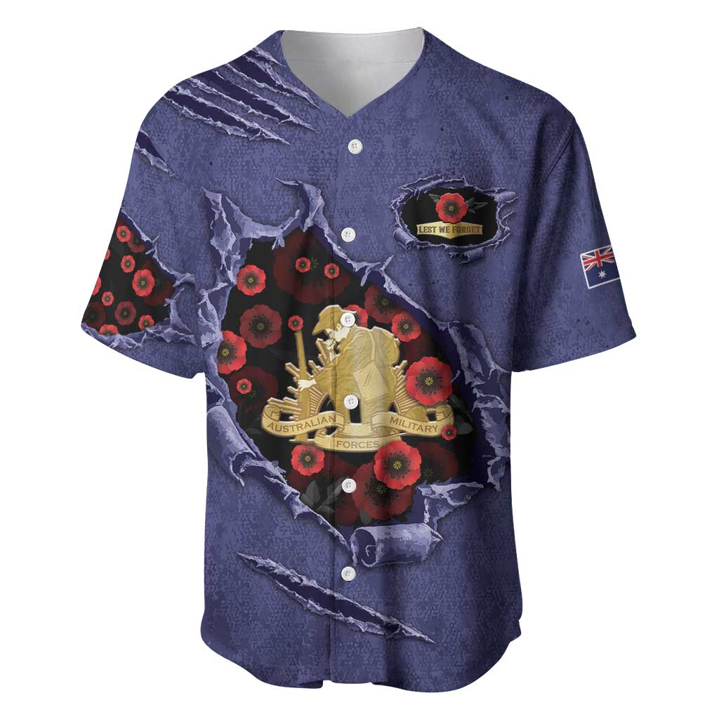 Personalised ANZAC Day Baseball Jersey Poppy Flowers Ripped Fabric Effect