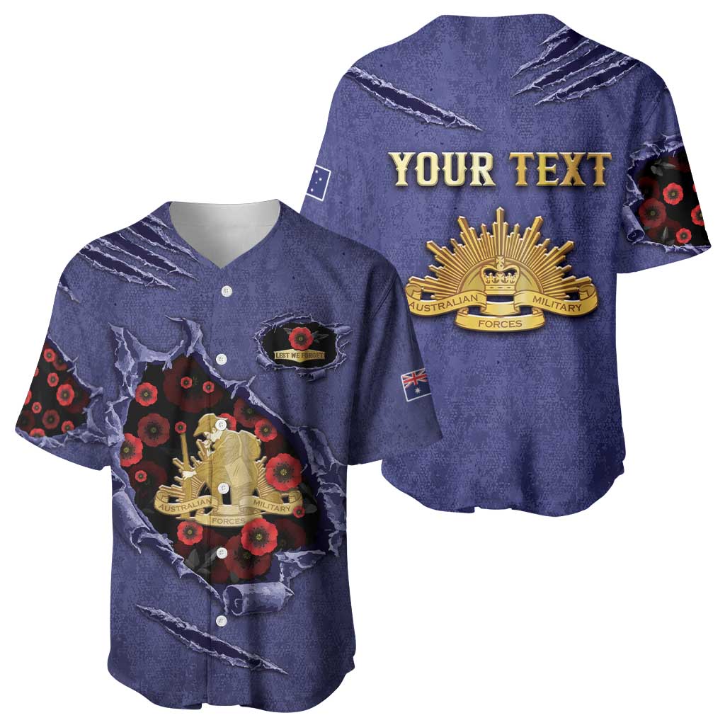 Personalised ANZAC Day Baseball Jersey Poppy Flowers Ripped Fabric Effect