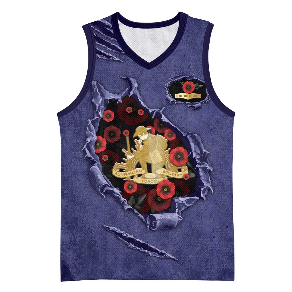 Personalised ANZAC Day Basketball Jersey Poppy Flowers Ripped Fabric Effect