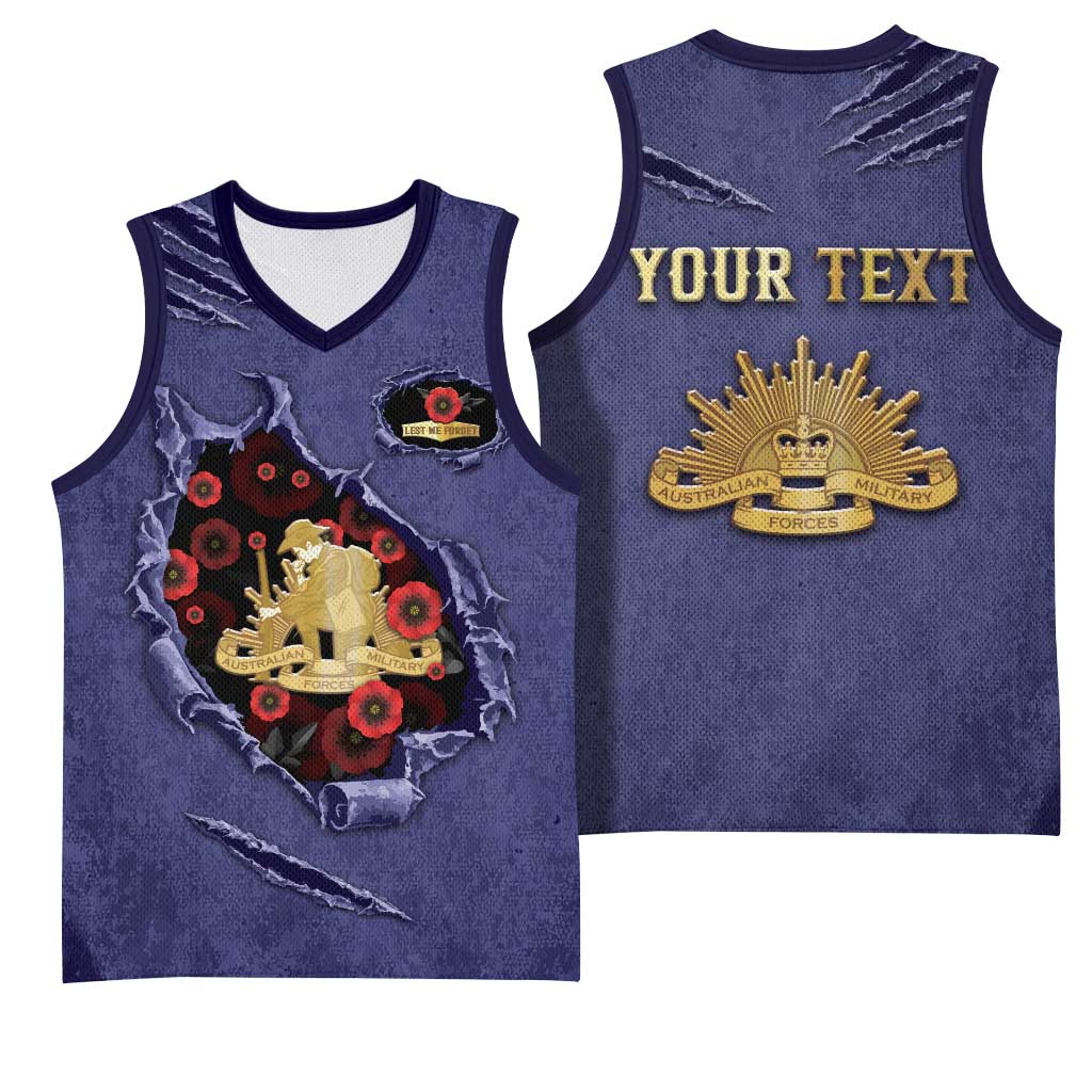 Personalised ANZAC Day Basketball Jersey Poppy Flowers Ripped Fabric Effect