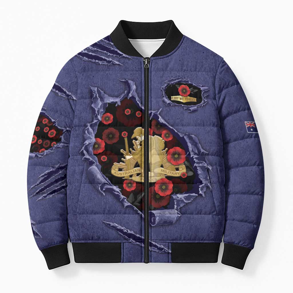 Personalised ANZAC Day Bomber Puffer Jacket Poppy Flowers Ripped Fabric Effect