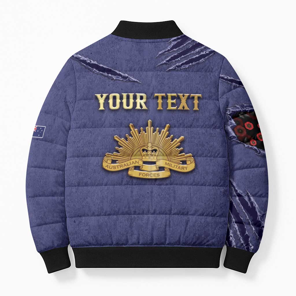 Personalised ANZAC Day Bomber Puffer Jacket Poppy Flowers Ripped Fabric Effect