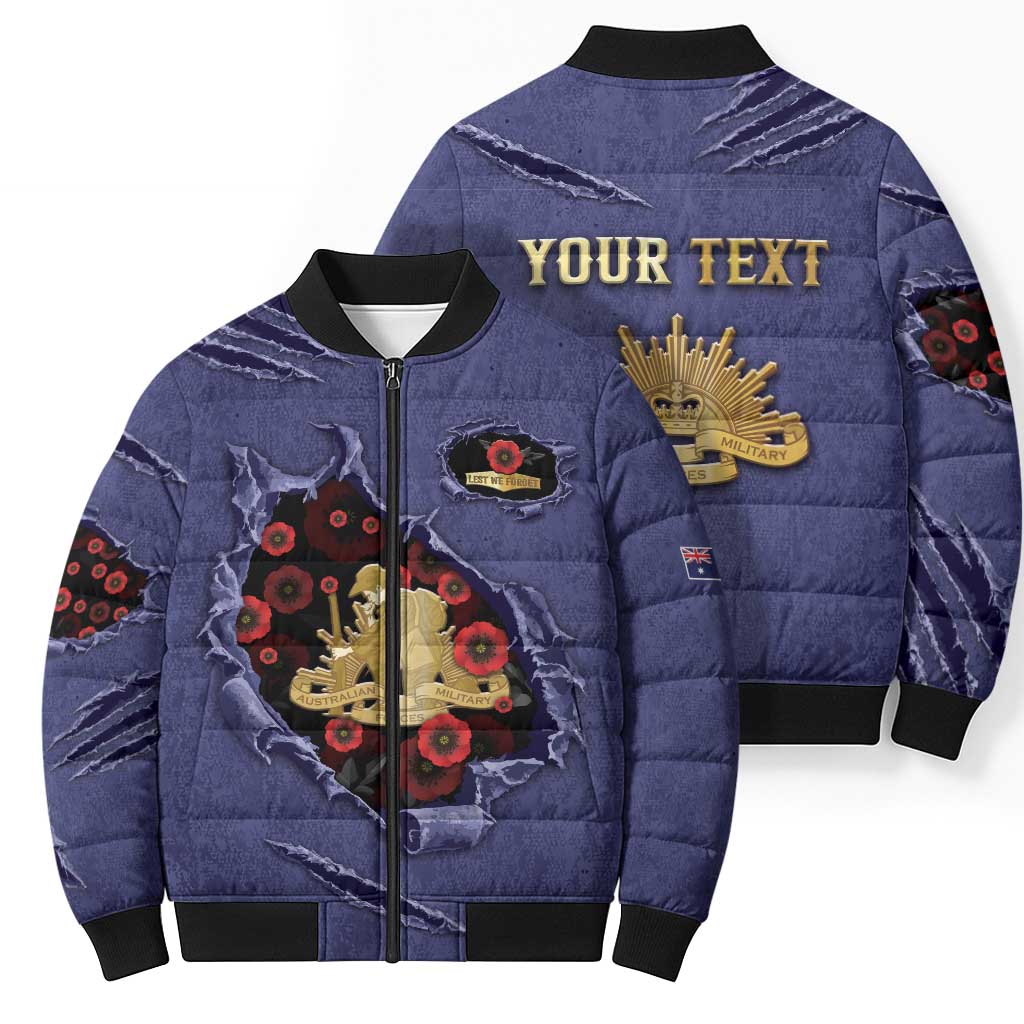 Personalised ANZAC Day Bomber Puffer Jacket Poppy Flowers Ripped Fabric Effect