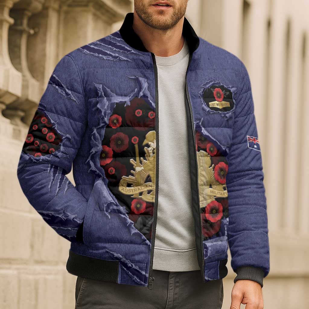 Personalised ANZAC Day Bomber Puffer Jacket Poppy Flowers Ripped Fabric Effect