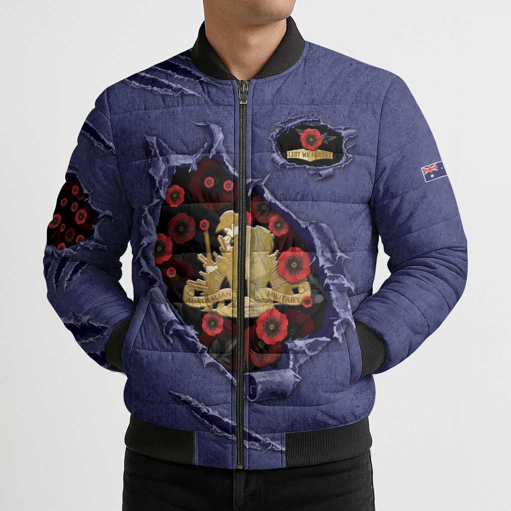 Personalised ANZAC Day Bomber Puffer Jacket Poppy Flowers Ripped Fabric Effect