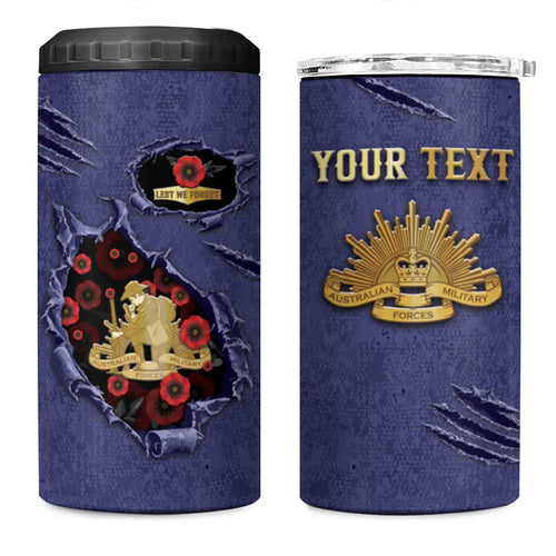 Personalised ANZAC Day 4 in 1 Can Cooler Tumbler Poppy Flowers Ripped Fabric Effect