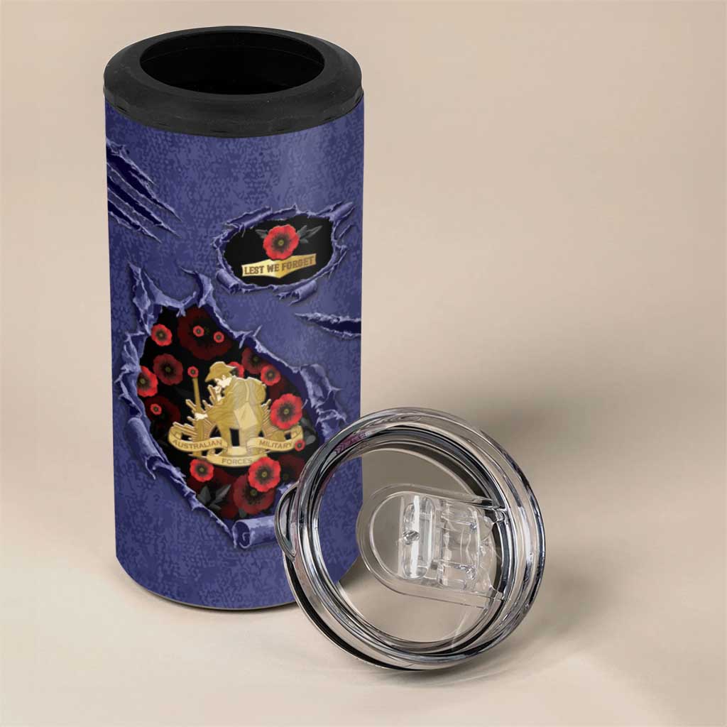Personalised ANZAC Day 4 in 1 Can Cooler Tumbler Poppy Flowers Ripped Fabric Effect