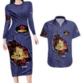 Personalised ANZAC Day Couples Matching Long Sleeve Bodycon Dress and Hawaiian Shirt Poppy Flowers Ripped Fabric Effect