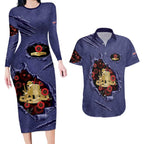 Personalised ANZAC Day Couples Matching Long Sleeve Bodycon Dress and Hawaiian Shirt Poppy Flowers Ripped Fabric Effect