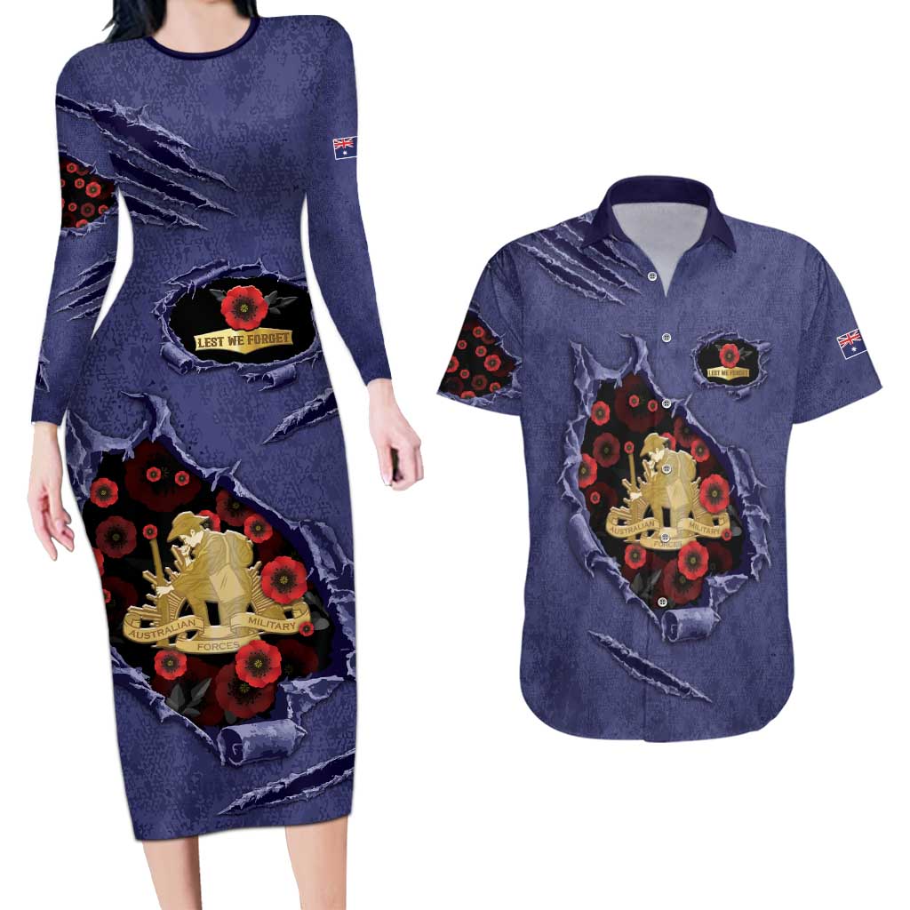 Personalised ANZAC Day Couples Matching Long Sleeve Bodycon Dress and Hawaiian Shirt Poppy Flowers Ripped Fabric Effect