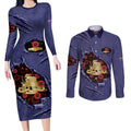 Personalised ANZAC Day Couples Matching Long Sleeve Bodycon Dress and Long Sleeve Button Shirt Poppy Flowers Ripped Fabric Effect