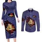 Personalised ANZAC Day Couples Matching Long Sleeve Bodycon Dress and Long Sleeve Button Shirt Poppy Flowers Ripped Fabric Effect